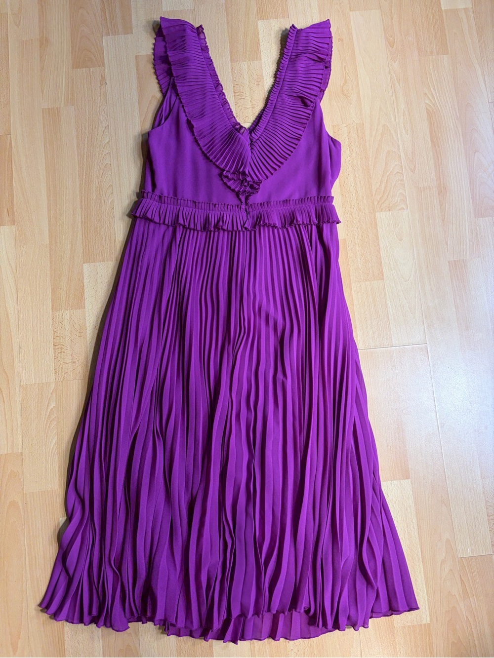 Sezane Rachelle Midi Dress Violet Magenta Accordion Pleated V-Neck Ruffle - Picture 10 of 13